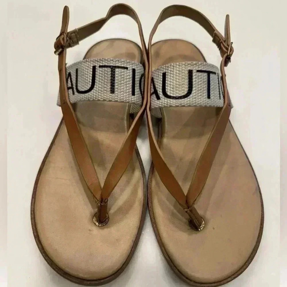 Nautica tan leather & canvas thong sandals women’s size 6.5 - Picture 1 of 5